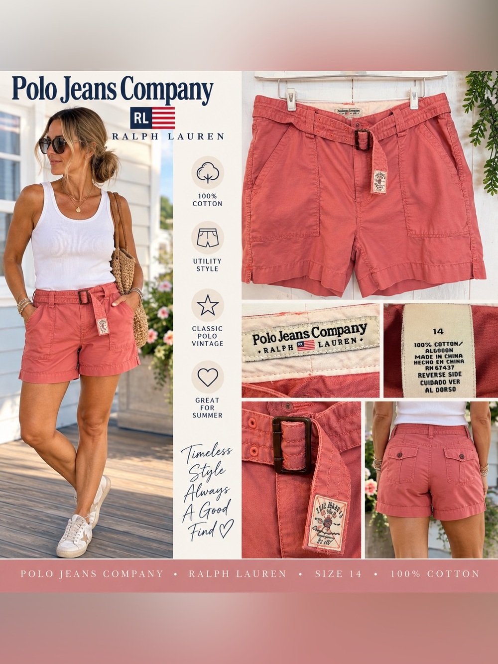Polo Jeans Co Ralph Lauren Coral Utility Shorts Women’s 14 Belted Cotton